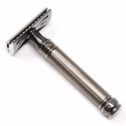 Double Edge Safety Razor Barley Effect Handle With Complimentary Feather Blade Black Gold