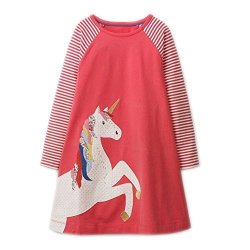 Girls Cotton Long Sleeve Casual Cartoon Appliques Striped Jersey Dresses 4T Red Unicorn