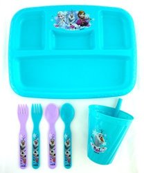 Disney Frozen Princess Elsa Anna Olaf Tableware Divided Platter 13OZ Sipper Tumbler Fork And Spoon Feeding Gift Set