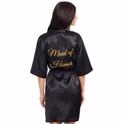 Ineedthisrobe Satin Embroidered Kimono Robe For Bride Bridesmaid Maid Of Honor Black - Maid Of Honor In Gold L-xl