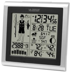 La Crosse Technology 308-1451 Atomic Forecast Station With Fisherman Icon In out Temperature Humidity Barometer Sunrise sunset Dual Alarms