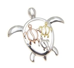 925 Sterling Silver Yellow Rose Gold Tricolor Plated Hawaiian 3 Honu In Large Sea Turtle Slider Pendant