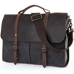 Lifewit 15.6" Leather Laptop Messenger Bag Waxed Water Resistant Canvas Computer Briefcase Satchel For Men Grey