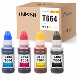 Inkni Compatible Ink Bottle Replacement For Epson 664 T664 Refill Ink For Expression ET-2650 ET-2550 ET-4500 ET-2600 ET-14000 L210 L310 L120 Black Cyan Magenta Yellow 4-PACK