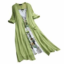 Women Dress Claystyle Two-piece Retro Floral Printed Color Block Asymmetric Hem Round Neck Long Cotton Linen Maxi Dress Green L