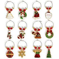 Cusfull 12 Pcs Wine Glass Charms Christmas Themed Wine Glass Markers Assorted Colors Wine Glass Tags Drink Markers For Party Favors And Family Gathering Color A