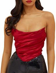 Women's Vintage Strapless Open Back Boned Satin Bustier Zip Back Corset Bodyshaper Crop Top XL Red