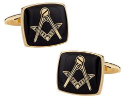 Black Masonic Compass & Set Gold Cufflinks With Presentation Box