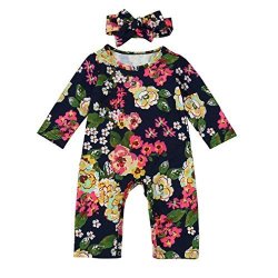 Sunbona Toddler Baby Boys Girls Floral Printed Long Sleeve Pajamas Romper Jumpsuit Headban Outfits Clothes 9 12MONTHS Navy