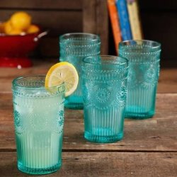 Set Of 4 Dishwasher Safe 16-OUNCE Emboss Glass Tumblers Turquoise