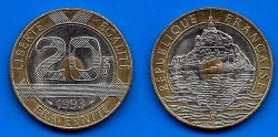 France 20 Francs 1993 Unc Mont Saint Michel Tri Metallic Coin Francs