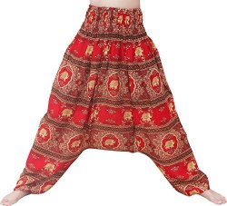 Raanpahmuang Low Rider Short Leg Harem Aladdin Mao Pants In Luxurious Viscose Rayon Medium Elephant Terrace - Red Yellow Gold