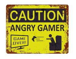 - Angry Gamer Caution - Bar Sign - Retro Vintage Metal Wall Plate