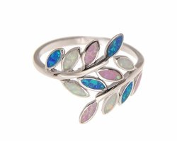 Blue White Pink Tricolor Inlay Synthetic Opal Ring Hawaiian Maile Leaf 925 Sterling Silver Size 5