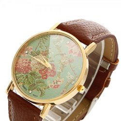 Fashion Peony Pattern Dial Alloy Case Imitation Leather Watchband Women Wrist Watch Coffee