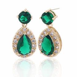 Green Cz Teardrop Dangle Earrings For Women Small Sterling Silver Halo Round Pear Shaped Emerald Crystal Cubic Zirconia Birthstone Bridal Drop Earrings For Wedding