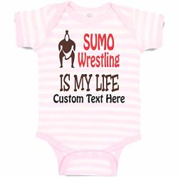 Custom Personalized Baby Bodysuit Sumo Wrestling Is My Life Sport Funny Cotton Boy & Girl Striped Baby Clothes Stripes Soft Pink White Personalized Text Here Newborn