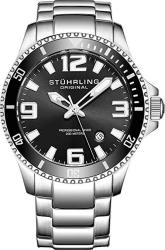 Stuhrling Original Mens Swiss Quartz Stainless Steel Sport Analog Dive Watch Water Resistant 200 Meters Black Dial Aqua-diver 395.33B11