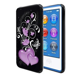 Fincibo Ipod Nano 7 Case Flexible Tpu Black Silicone Soft Gel Skin Protector Cover Case For Apple Ipod Nano 7 7TH Generation - Purple Hearts Vines