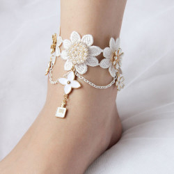 Vintage White Lace Pearl Epoxy Enamel Flower Anklet For Women