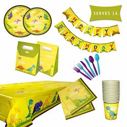 Dinosaurs Party Supplies Set - Birthday Decorations Party Pack - Happy Birthday Banner Disposable Party Plates Tableware & Party Favor Boxes - 130 Piece Set Serves 16 Guests