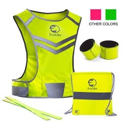 Premium Reflective Vest Evolike Of Unique Design For Running Walking Cycling Jogging Motorcycle With Pocket + 4 High Visibility Wristbands + Bag Fluorescent Yellow Size 2XL 3XL Extreme