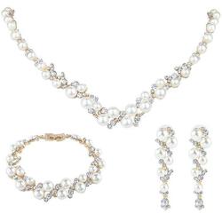 Ever Faith Simulated Pearl Crystal Bridal Necklace Earrings Bracelet Set Silver-tone Ivory Color