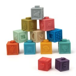 Silicone Toy Blocks 12 Pieces - Sensory Textures Animals Fruits Numbers