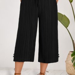 Elegant Plus Size Women's Capri Pants With Pleated Detail Striped Slit & Loose Fit - Breathable Woven Fabric Machine Washable