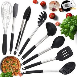 IMLucky Kitchen Utensils Silicone And Stainless Steel Heat-resistant Non-stick Cooking Tools 8 Piece Tongs Spatulas Pasta Serving Spoon Deep Ladle Whisk Strainer And A Free Onion Holder