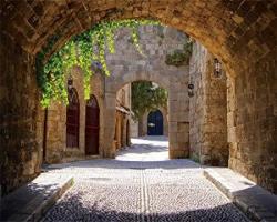 Ofila Greece Rhodes Backdrop 10X8FT Old Town Medieval Arched Street Background Ancient Buildings Brick Wall Rustic Scenery Historic Heritage Traditional Cultural Travel Photography Video