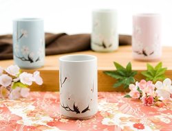 Oriental Distributing Japanese Tea Cups Quality Ceramic Set Of 4 Cherry Blossom Sakura Design Assorted Colors Four Season Decorative Sushi Teacups Gift Pack