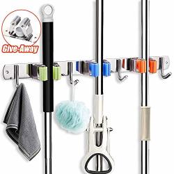 Mop Broom Holder Wall Mount Organizer Storage Easy Install Screws Or Self Adhesive Stainless Steel Tools Hanger For Kitchen Bathroom Closet Office Garden With