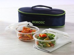 Borosil Microwavable Borosilicate Glass Klip N Store Round Lunch Box Set 400ML 2-PIECES Round 400 Ml X 2 With Lunch Bag
