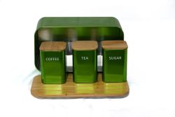 - Bamboo Lid Bread Bin With Canister Set - Green