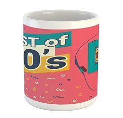 Lunarable 90S Mug By Retro Illustration Of Stereo Compact Cassette Player Outdated Electronics Printed Ceramic Coffee Mug Water Tea Drinks Cup Dark Coral Mustard Teal