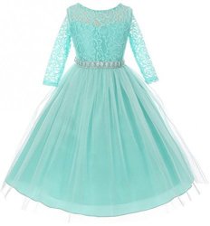Little Girls Dress Lace Top Rhinestones Tulle Holiday Christmas Party Flower Girl Dress Tiffany Size 2 M37BK2