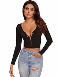 Shein Women's Casual V Neck Long Sleeve Plain Tee Button Front Rib-knit Crop Top Black Large