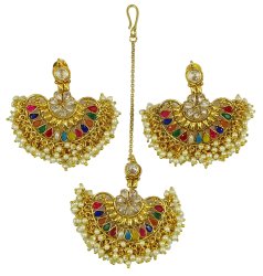 Ethnic Designer Gold Tone Maang Tikka Earring Set Indian Women Wedding Jewelry IMSM-BSE170C