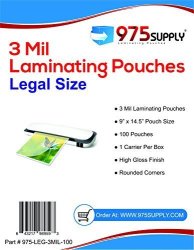 975 Supply - 3 Mil Clear Legal Size Thermal Laminating Pouches - 9" X 14.5" - 100 Pouches