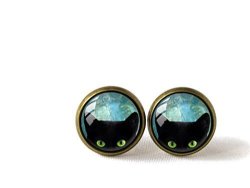 Handmade Glass Dome Stud Earrings Peeping Black Cat Earrings