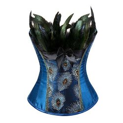 Frawirshau Corset Women Lace Up Peacock Corset Bustier Burlesque Lingerie Top Blue With Lace Mask 6XL
