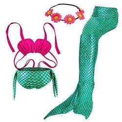 3PCS Girls' Swimsuit Mermaid Tail For Swimming Tropical Bikini Set Support Monofin Child L 7-8 A Green