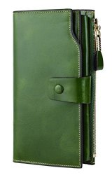 Travelambo Womens Rfid Blocking Large Capacity Luxury Waxed Genuine Leather Clutch Wallet Multi Card Organizer Jade Green