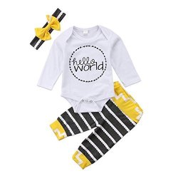 Newborn Infant Baby Girl Hello World Romper Wave Striped Pants With Headband Outfit Clothes White+gray 0-6 Months