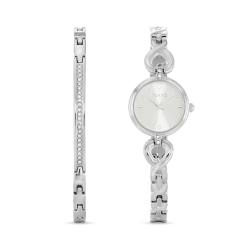 Silver Dial Silver Plated Crystal Watch 2 Piece Set