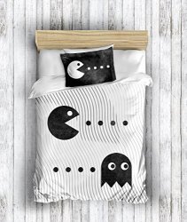 Decomood 3D Printed 100% Cotton Pacman Bedding Set Boys Girls Bed Set Single twin Size Quilt duvet Cover Set Black White With Fitted Sheet 4 Pcs