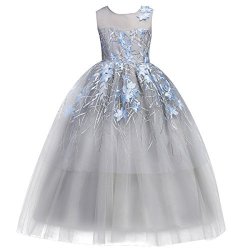 Castle Ibtom Little Big Girl Flower Maxi Tutu Tulle Wedding Princess Long Dress Ruffles Vintage Embroidered Formal Bridesmaid Gowns 5-17T Grey Blue 14-15 Years