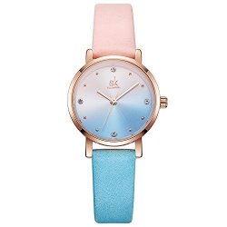 Sk White Watches For Women Leather Watch Band Quartz Waterproof Crystal Diamond Fashion Casual K8029-PINK-BLUE
