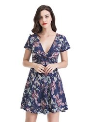 Fflmyuhuliu Women's Deep V-neck Short Sleeve Floral Print Flare Float Short Asymmetric MINI Dress